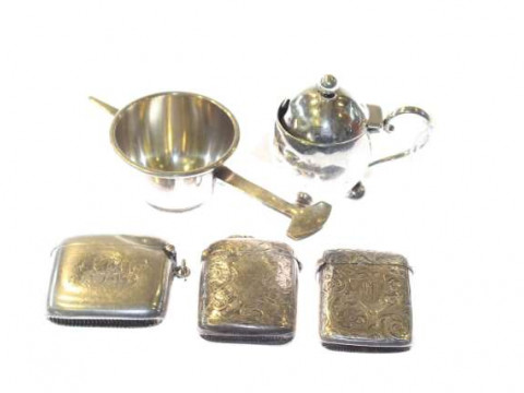 Three silver vesta cases, silver mustard, etc (50