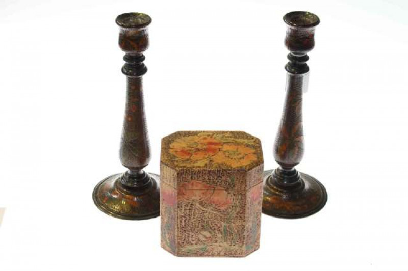 Pokerwork: Caddy and a pair of candlesticks