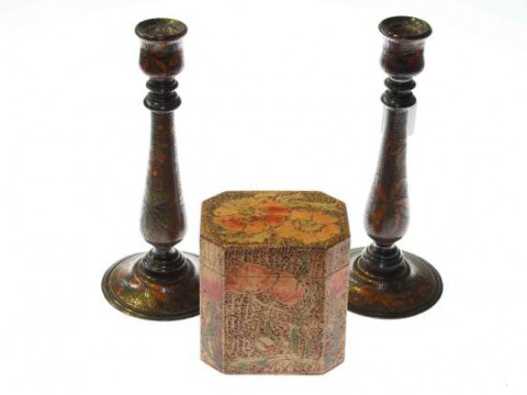 Pokerwork: Caddy and a pair of candlesticks