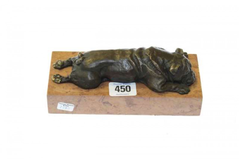Bronze of a recumbent bulldog
