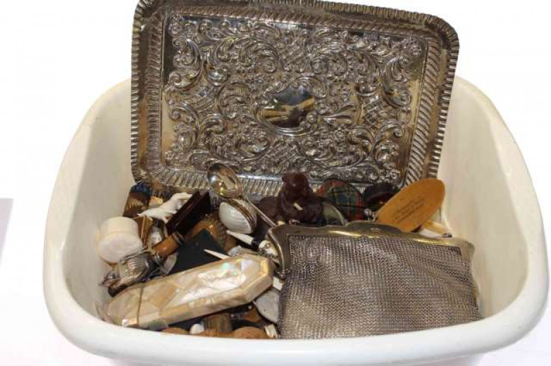 Box of collectables including silver tray, Chinese buffalo carving, Japanese ivory carvings, etc