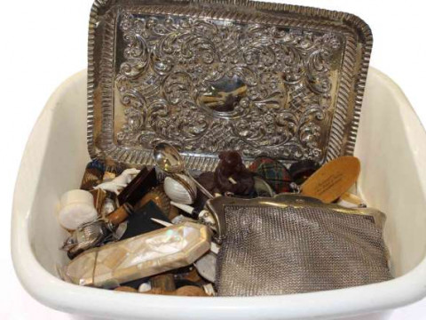 Box of collectables including silver tray, Chinese buffalo carving, Japanese...