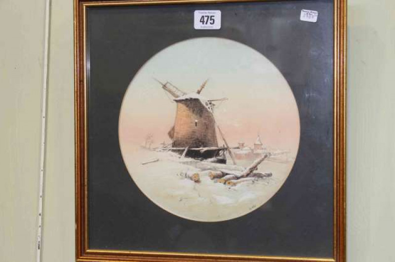Dutch School, Winter Landscape, signed, watercolour and white, circular, framed, 21.5cm