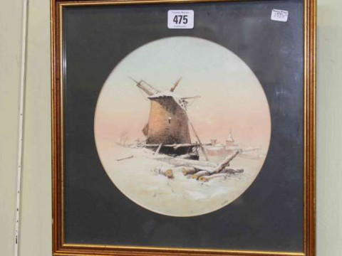 Dutch School, Winter Landscape, signed, watercolour and white, circular,...