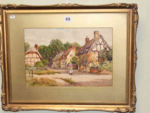 E.W. Haslehurst, Figure Walking by Cottages, signed lower left, watercolour,...