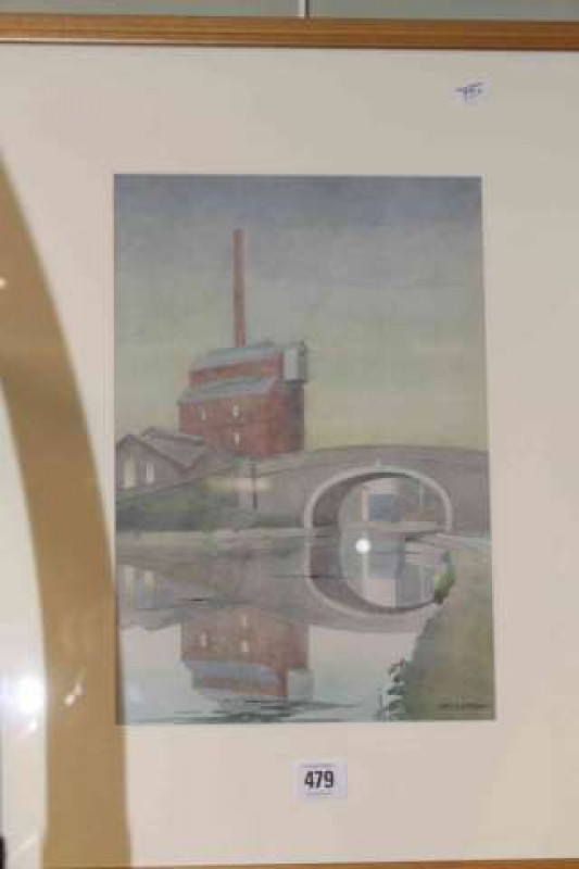 Alec E.F. Wright, River and Bridge with factory behind, signed lower right, watercolour, 34cm x 23cm, framed