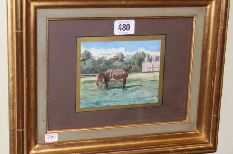 Signature indistinct, Two Horses, signed lower right, watercolour, 10cm x 12.5cm, framed