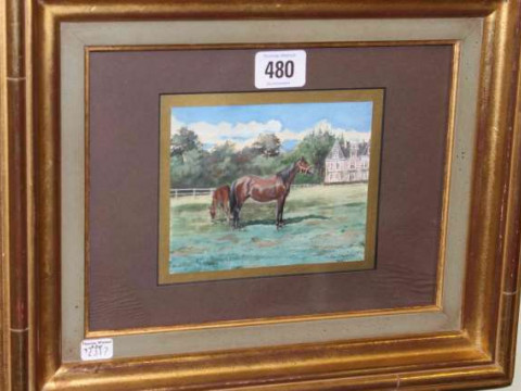 Signature indistinct, Two Horses, signed lower right, watercolour, 10cm...