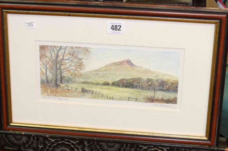 Colin Williamson, Roseberry Topping, signed in pencil in the margin, watercolour, 10cm x 25.5cm, framed