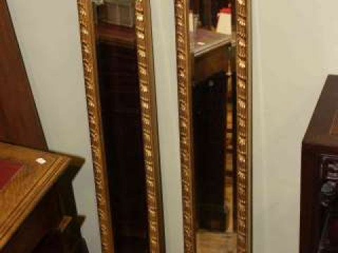 Pair slim rectangular gilt framed bevelled wall mirrors