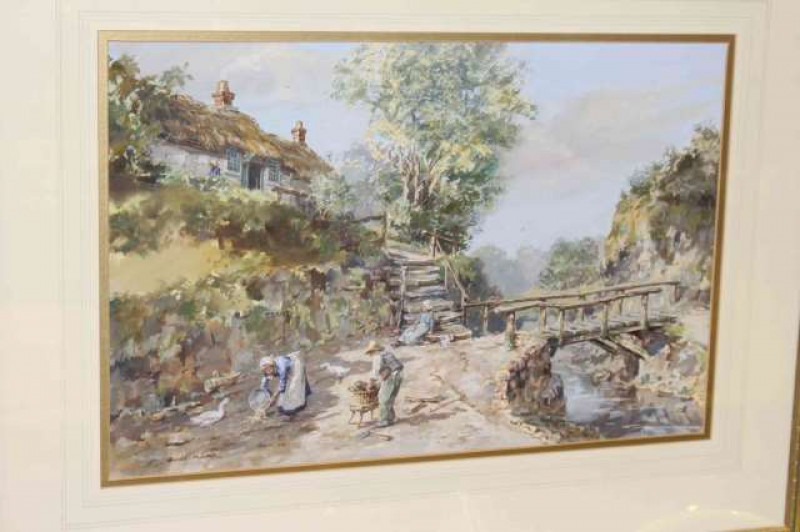 Ronald Lambert Moore, Figures by a Riverside Cottage, signed lower left, watercolour, 34cm x 53cm, in gilt frame