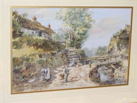 Ronald Lambert Moore, Figures by a Riverside Cottage, signed lower left,...