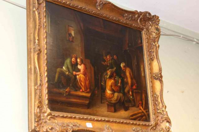 After David Tenniers, Figures in an Inn, oil on panel, 29cm x 39cm, in gilt frame