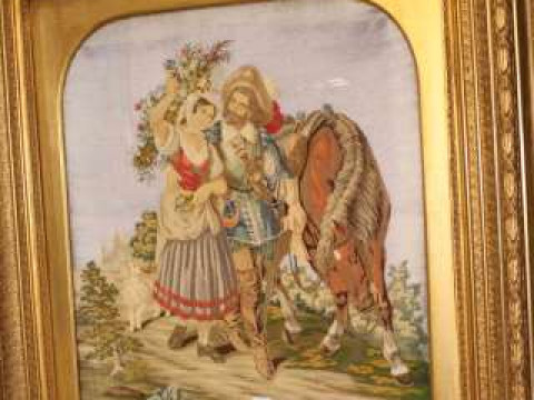 Large 19th Century woolwork panel, depicting a pastoral scene with a cavalier...