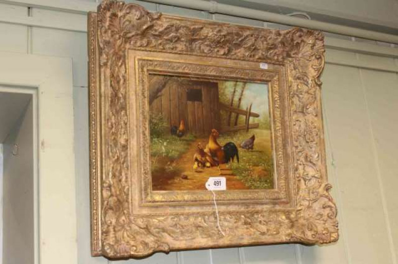 Ray Jacob, Chickens, oil on panel, 23.5cm x 28cm, in gilt frame