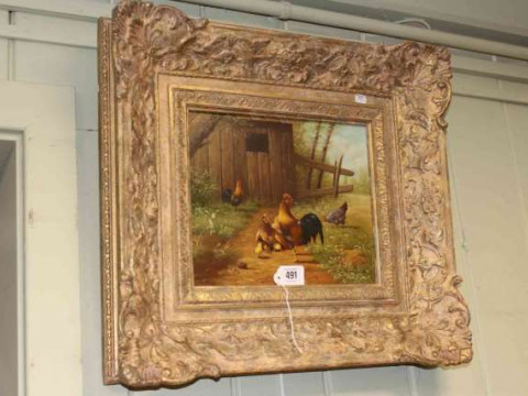 Ray Jacob, Chickens, oil on panel, 23.5cm x 28cm, in gilt frame