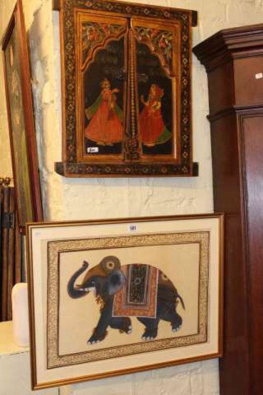 Framed Oriental paintings on silk of an elephant and Indian Icon (2)