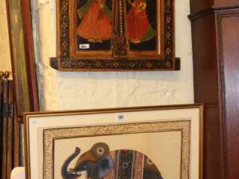 Framed Oriental paintings on silk of an elephant and Indian Icon (2)