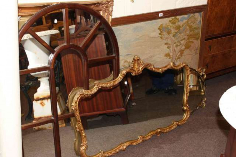 Oak framed needlework and five various mirrors