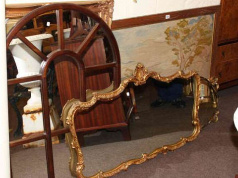 Oak framed needlework and five various mirrors
