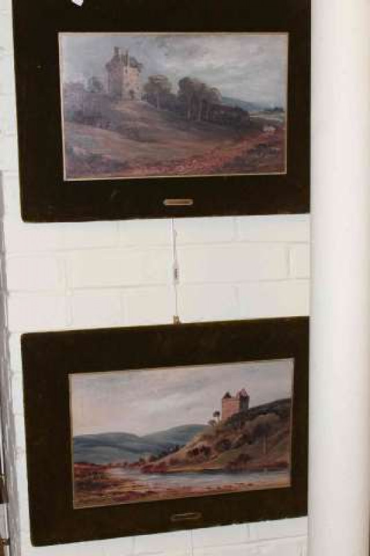 Alex Burke, Oakwood Tower and Newark Castle, signed and dated lower left, oils on panel, 26.5cm x 43cm, on plush green velvet mounts