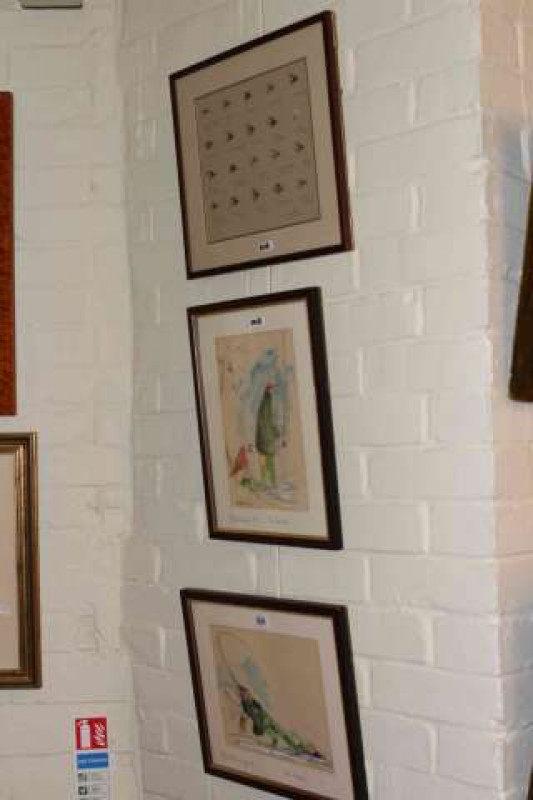 Set of four angling pen and ink sketches, signed and two framed collections of fishing flies