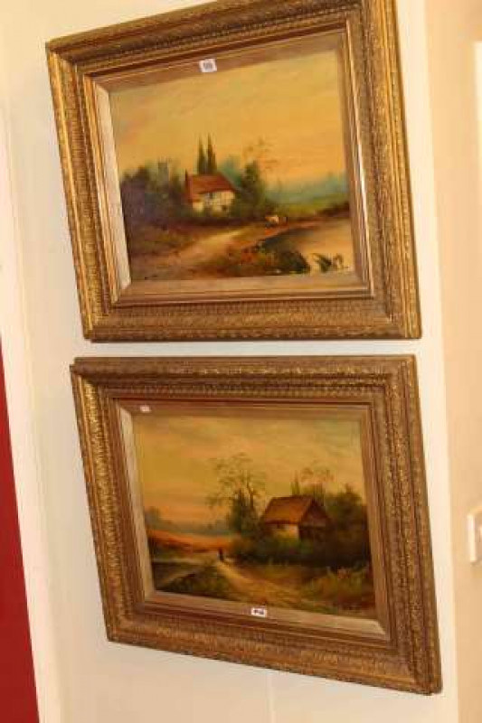 W. Gray, Cottages in Landscapes, signed lower right, oils on canvas, a pair, 37cm x 49cm, in gilt frames
