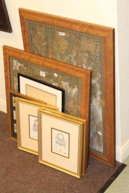 Two framed needleworks and five various pictures