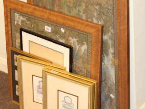 Two framed needleworks and five various pictures