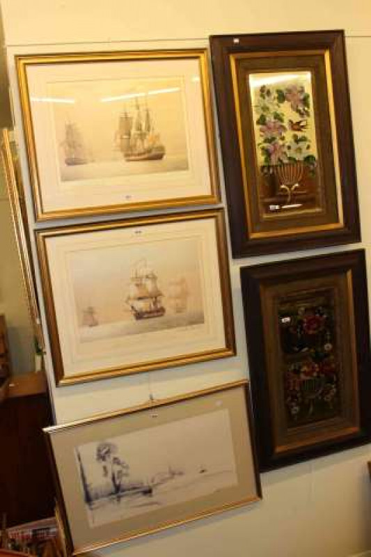 Pair late Victorian oak framed painted mirrors, Derek G.M. Gardner, Defence and Orion, pair signed limited edition prints and gilt framed picture of boats (5)