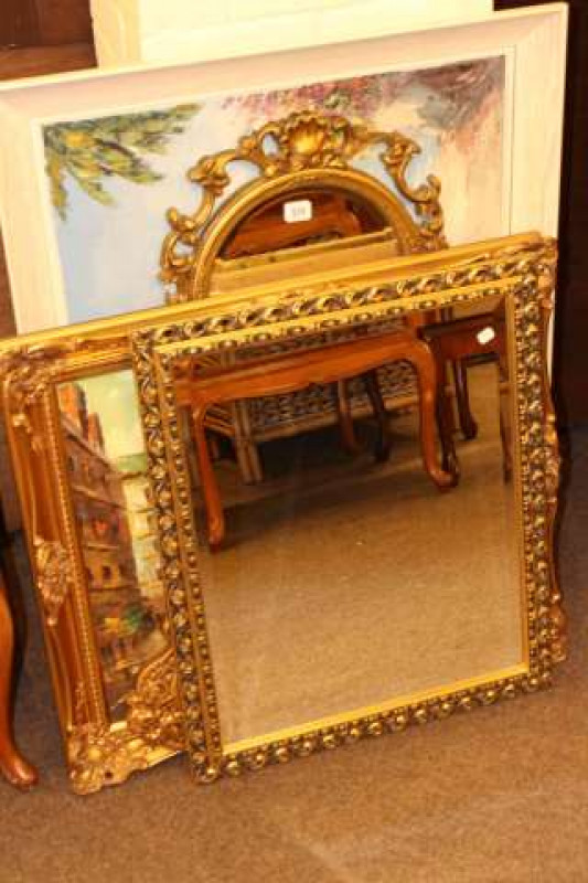 Three gilt framed wall mirrors and two pictures