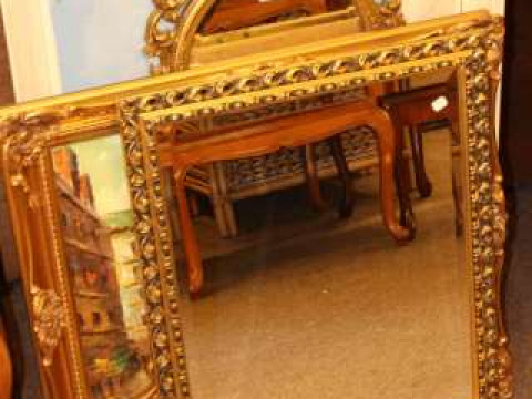 Three gilt framed wall mirrors and two pictures