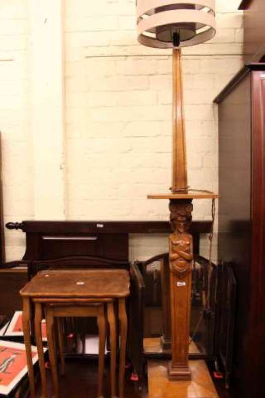 Walnut next of three cabriole leg tables, oak figural standard lamp, two toilet mirrors and three pictures (7)