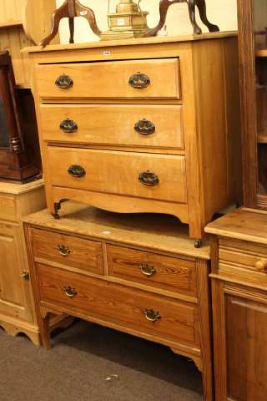 Late Victorian three drawer walnut chest and pitch pine three drawer chest (2)