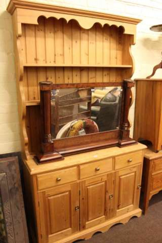 Pine shelf back dresser and Victorian mahogany overmantel mirror (2)