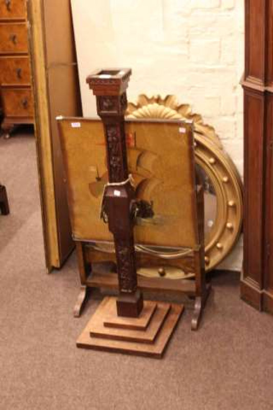 Circular gilt convex mirror, folding table-screen and carved oak candle stand (3)