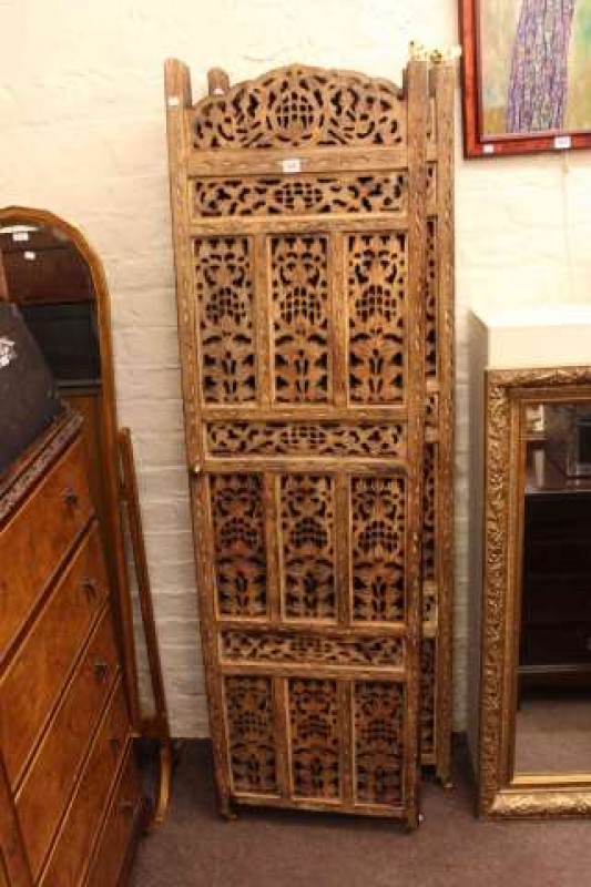 Pair Indian carved four fold screens