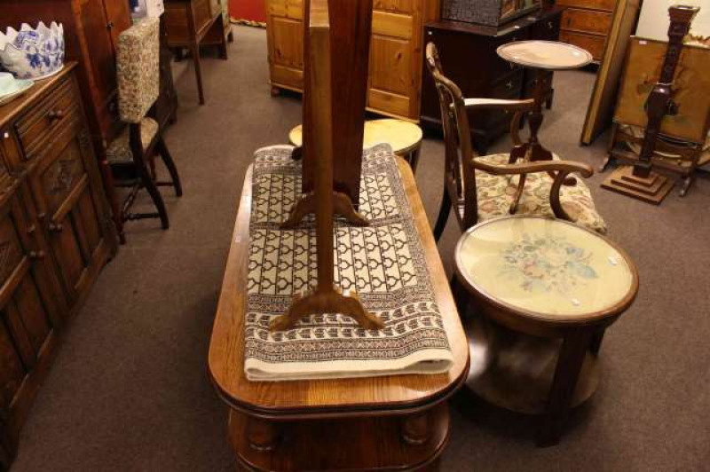 Mahogany Chippendale style elbow chair, inlaid tripod wine table, circular needlework topped occasional table, mahogany magazine stand, needlework firescreen, rug and medical books (13)