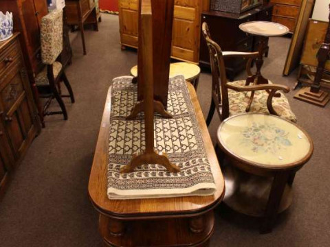 Mahogany Chippendale style elbow chair, inlaid tripod wine table, circular...