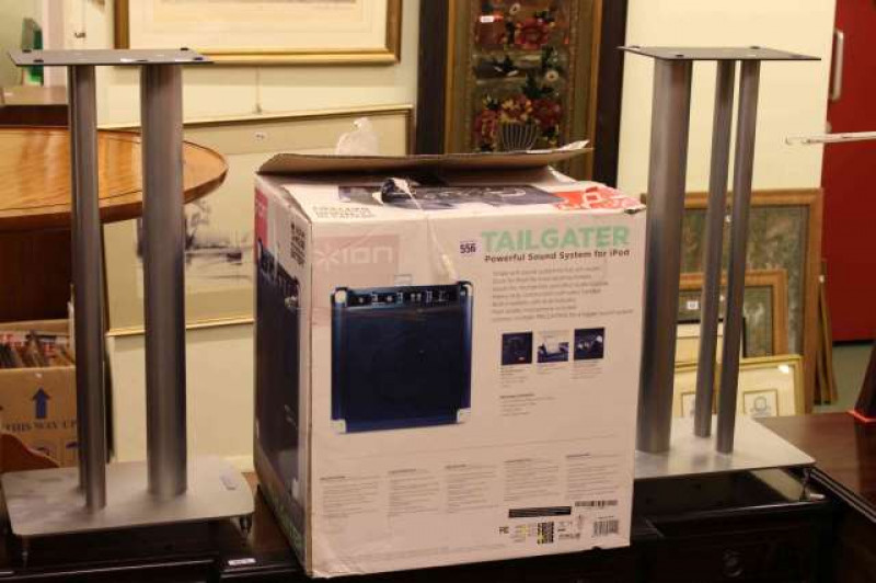 As new Tailgater portable sound system and pair Mission speaker stands