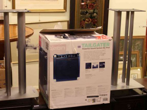 As new Tailgater portable sound system and pair Mission speaker stands