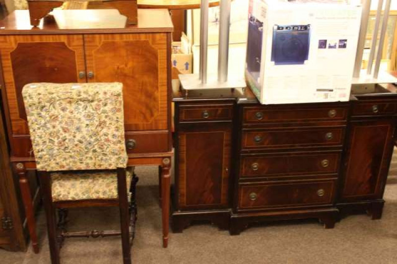 Mahogany two door cocktail cabinet, mahogany breakfront side cabinet, pair Victorian mahogany dining chairs and oak side chair (5)