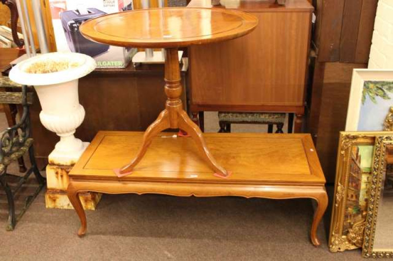 Circular hardwood tripod supper table and rectangular hardwood coffee table (2)