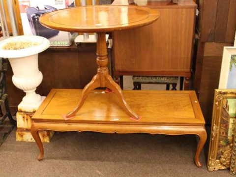 Circular hardwood tripod supper table and rectangular hardwood coffee...