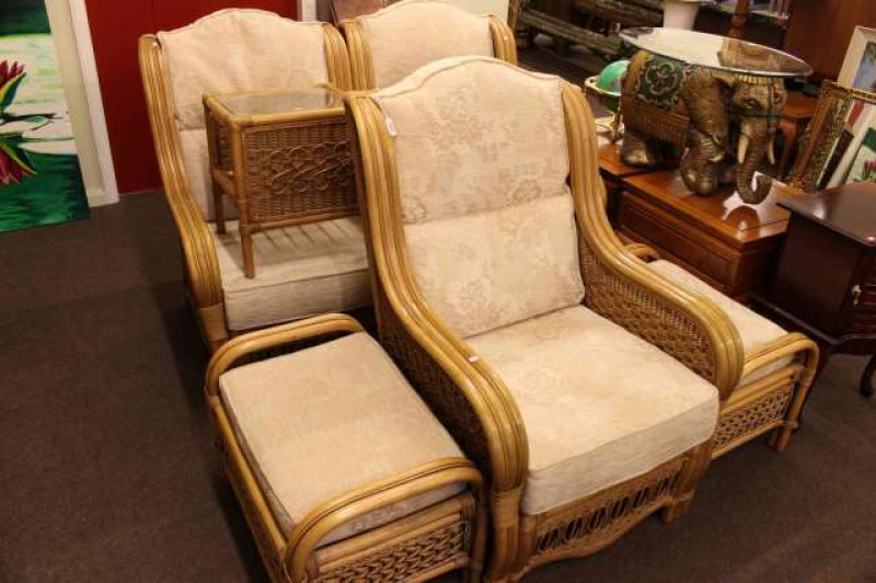 Set of three cane conservatory chairs, two stools and two side tables (7)