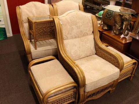 Set of three cane conservatory chairs, two stools and two side tables...