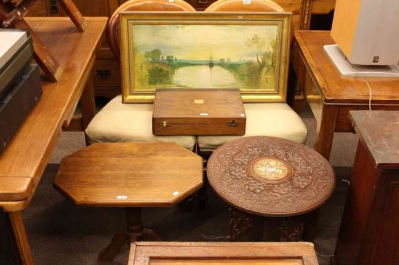 Pair Victorian mahogany dining chairs, Indian occasional table, oak occasional table, canteen of cutlery and picture (6)