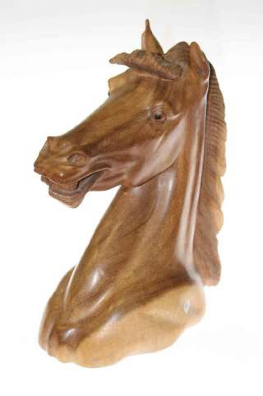 Wooden sculpture of a horse head
