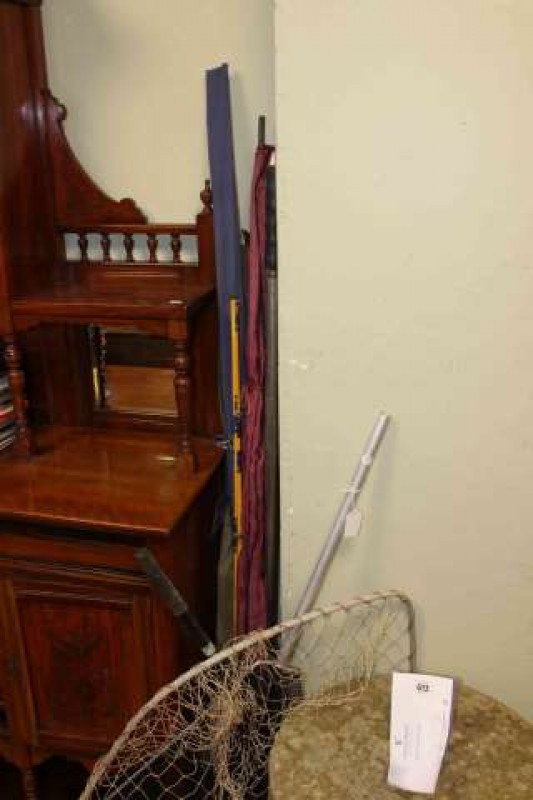 Collection of fishing rods, wading pole, landing nets, various reels, flies and lures