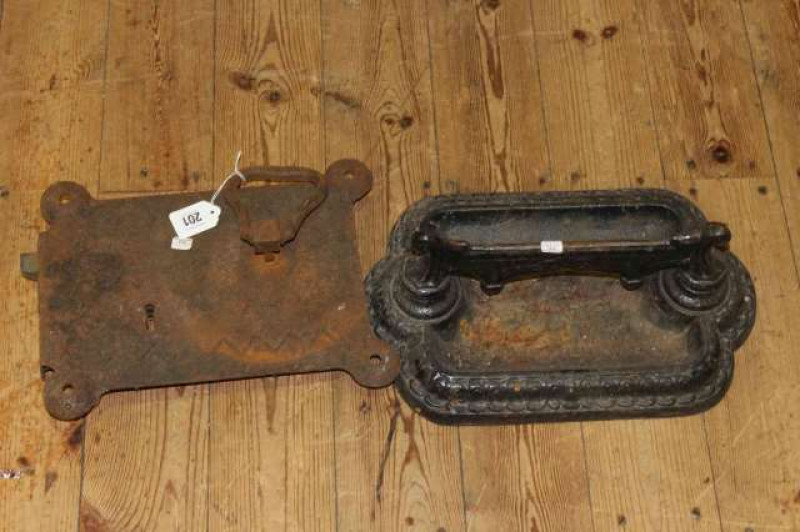 Cast metal boot scraper and large vintage lock